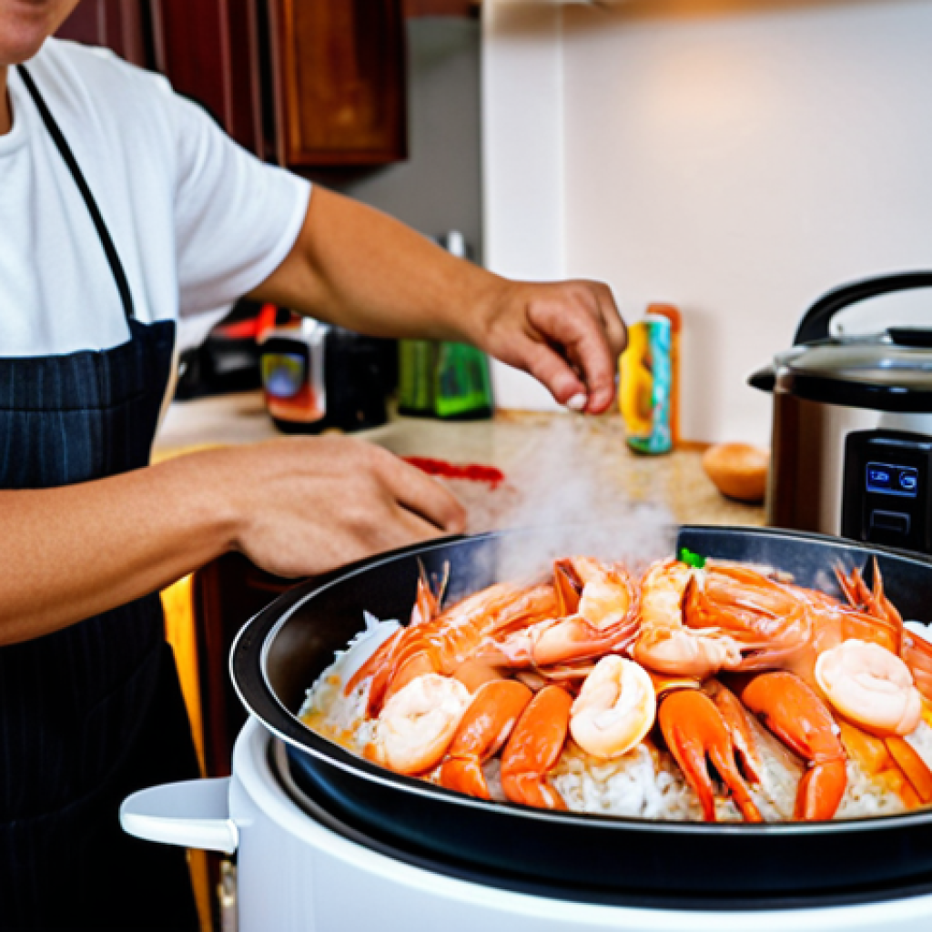 **

A brightly lit modern kitchen showcasing an electric rice cooker steaming seafood (shrimp, crab). Focus on the steam and vibrant colors of the seafood. In the background, a happy person is preparing condiments. "Steaming Seafood in Rice Cooker" text overlay.

**