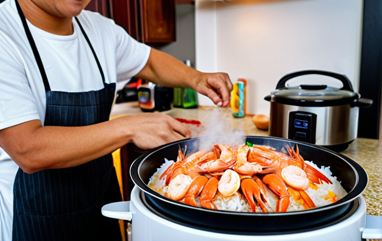 **

A brightly lit modern kitchen showcasing an electric rice cooker steaming seafood (shrimp, crab). Focus on the steam and vibrant colors of the seafood. In the background, a happy person is preparing condiments. "Steaming Seafood in Rice Cooker" text overlay.

**