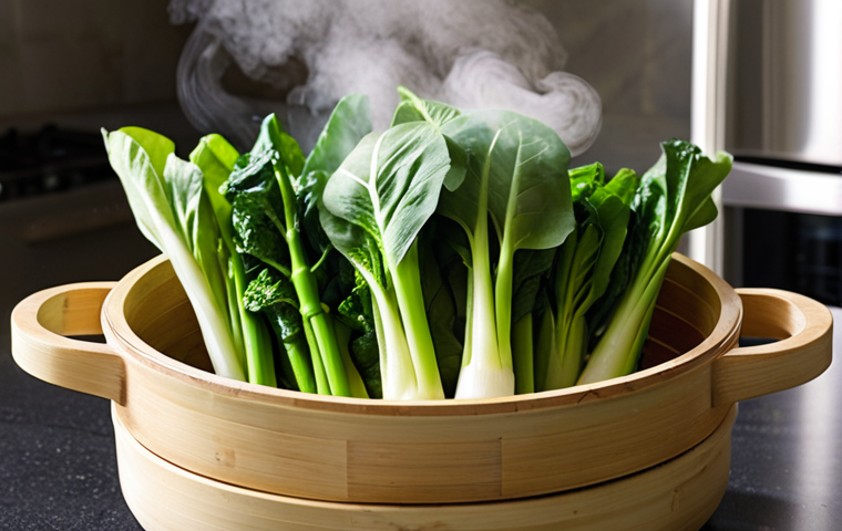 **Spring Steamed Vegetables:** A close-up shot of a multi-tiered bamboo steamer filled with vibrant green spring vegetables like baby bok choy and bamboo shoots.  Steam is rising, creating a soft, ethereal effect.  The background should be a brightly lit, modern kitchen.