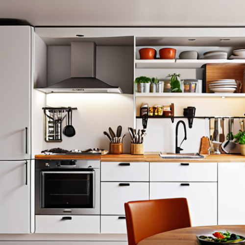 **Image Prompt:** A well-organized kitchen featuring a modern "work triangle" layout with a sink, stove, and refrigerator. Show efficient vertical storage solutions like wall-mounted shelves and adjustable shelving. Incorporate energy-efficient appliances and LED lighting. The overall aesthetic should be clean, bright, and functional.