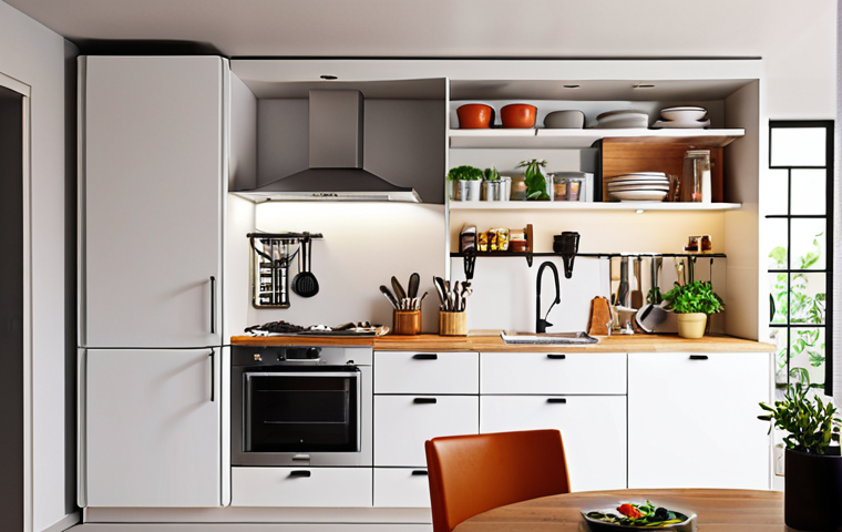 **Image Prompt:** A well-organized kitchen featuring a modern "work triangle" layout with a sink, stove, and refrigerator. Show efficient vertical storage solutions like wall-mounted shelves and adjustable shelving. Incorporate energy-efficient appliances and LED lighting. The overall aesthetic should be clean, bright, and functional.
