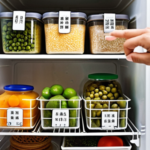 **Image Prompt:** A well-organized refrigerator, showcasing various foods neatly stored in containers and bags, with labels indicating freshness dates. Focus on the clean and efficient storage methods preventing food waste. Consider adding a hand reaching for a labeled container, emphasizing mindful consumption. Style: Clean, bright photography with a slightly instructional feel. Keywords: 冰箱 (bīngxiāng - refrigerator), 食材 (shícái - ingredients), 收纳 (shōunà - storage), 保鲜 (bǎoxiān - preservation), 节约 (jiéyuē - saving).
