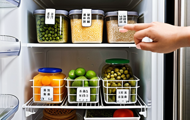 **Image Prompt:** A well-organized refrigerator, showcasing various foods neatly stored in containers and bags, with labels indicating freshness dates. Focus on the clean and efficient storage methods preventing food waste. Consider adding a hand reaching for a labeled container, emphasizing mindful consumption. Style: Clean, bright photography with a slightly instructional feel. Keywords: 冰箱 (bīngxiāng - refrigerator), 食材 (shícái - ingredients), 收纳 (shōunà - storage), 保鲜 (bǎoxiān - preservation), 节约 (jiéyuē - saving).