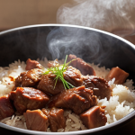**Prompt 1:** A close-up, inviting shot of perfectly cooked food (e.g., fluffy, aromatic rice or tender braised meat) resting in a cast-iron pot or smart rice cooker, with no visible active heat source. Subtle steam gently rises, illuminated by warm, soft kitchen light, evoking a sense of "kitchen magic" and enhanced flavor achieved through residual heat. Emphasize rich textures and appealing steam.