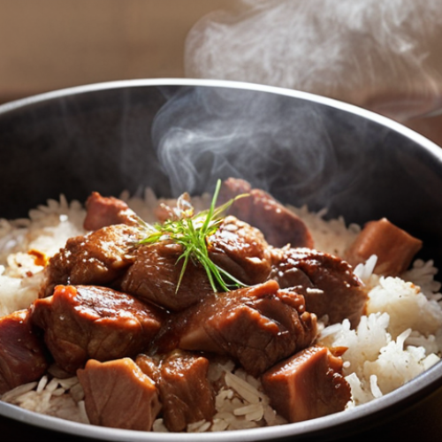 **Prompt 1:** A close-up, inviting shot of perfectly cooked food (e.g., fluffy, aromatic rice or tender braised meat) resting in a cast-iron pot or smart rice cooker, with no visible active heat source. Subtle steam gently rises, illuminated by warm, soft kitchen light, evoking a sense of "kitchen magic" and enhanced flavor achieved through residual heat. Emphasize rich textures and appealing steam.