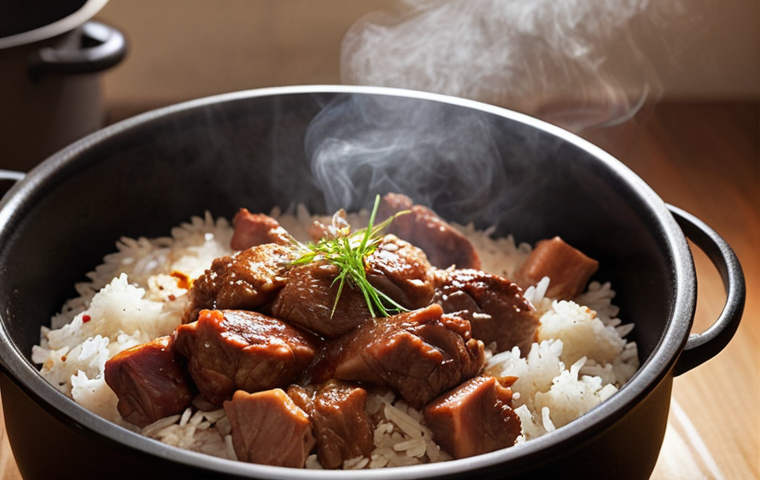 **Prompt 1:** A close-up, inviting shot of perfectly cooked food (e.g., fluffy, aromatic rice or tender braised meat) resting in a cast-iron pot or smart rice cooker, with no visible active heat source. Subtle steam gently rises, illuminated by warm, soft kitchen light, evoking a sense of "kitchen magic" and enhanced flavor achieved through residual heat. Emphasize rich textures and appealing steam.