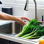 A person, fully clothed in modest, appropriate attire, is in a brightly lit, modern kitchen, demonstrating water conservation. They are washing fresh green vegetables in a basin filled with water, positioned neatly in a clean sink, rather than under a running tap. The scene highlights thoughtful water use with clean, well-formed hands visible as they gently clean the vegetables. The background features sleek, minimalist kitchen cabinetry and stainless steel appliances. safe for work, appropriate content, fully clothed, family-friendly, perfect anatomy, correct proportions, natural pose, well-formed hands, proper finger count, natural body proportions, professional photography, high quality, sharp focus, vibrant colors.