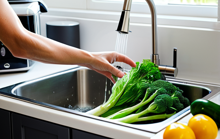 A person, fully clothed in modest, appropriate attire, is in a brightly lit, modern kitchen, demonstrating water conservation. They are washing fresh green vegetables in a basin filled with water, positioned neatly in a clean sink, rather than under a running tap. The scene highlights thoughtful water use with clean, well-formed hands visible as they gently clean the vegetables. The background features sleek, minimalist kitchen cabinetry and stainless steel appliances. safe for work, appropriate content, fully clothed, family-friendly, perfect anatomy, correct proportions, natural pose, well-formed hands, proper finger count, natural body proportions, professional photography, high quality, sharp focus, vibrant colors.