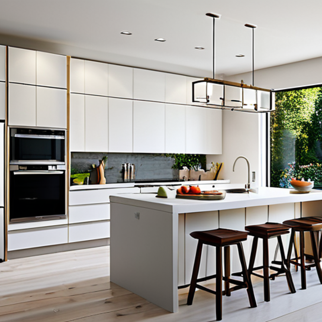 Modern Kitchen Scene**

"A bright and airy modern kitchen, featuring energy-efficient stainless steel appliances, LED lighting fixtures, and a large window providing ample natural light, fully clothed, appropriate content, safe for work, professional kitchen design, perfect anatomy, natural proportions, family-friendly, high resolution, showcasing smart kitchen appliances."

**