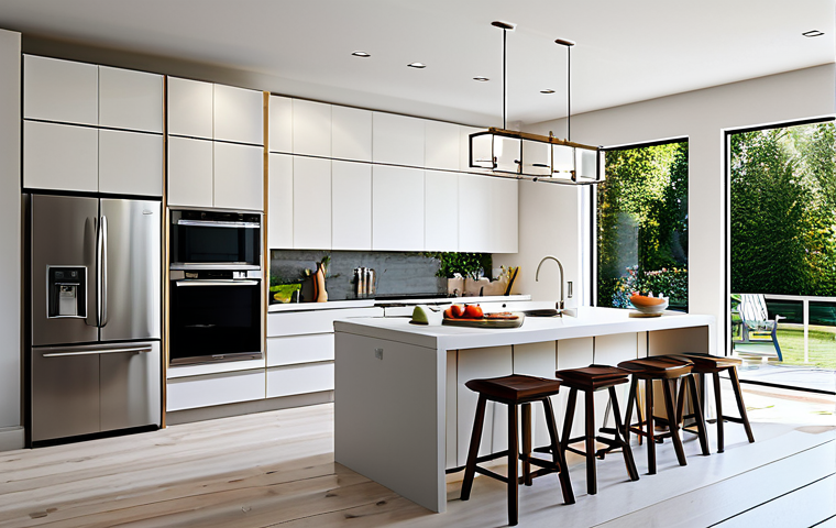 Modern Kitchen Scene**

"A bright and airy modern kitchen, featuring energy-efficient stainless steel appliances, LED lighting fixtures, and a large window providing ample natural light, fully clothed, appropriate content, safe for work, professional kitchen design, perfect anatomy, natural proportions, family-friendly, high resolution, showcasing smart kitchen appliances."

**