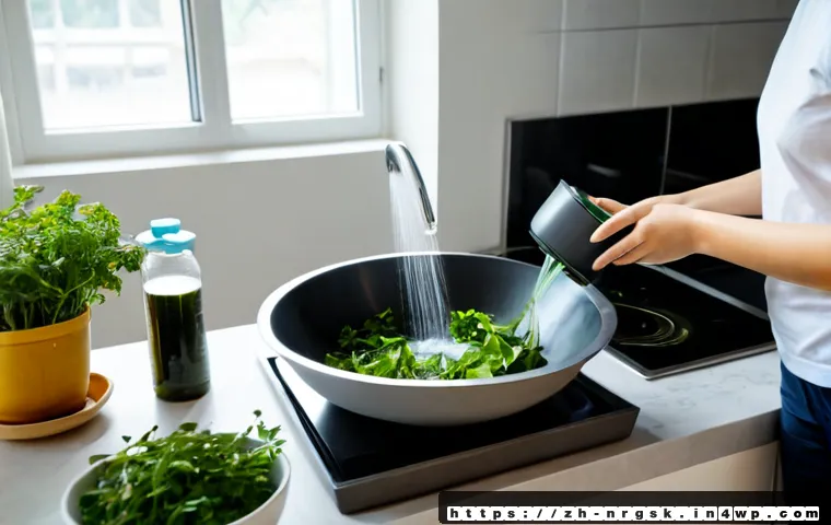 에너지 효율을 높이는 세척 및 조리법 - Photorealistic modern home kitchen, a person rinsing leafy vegetables in a large bowl while using a ...