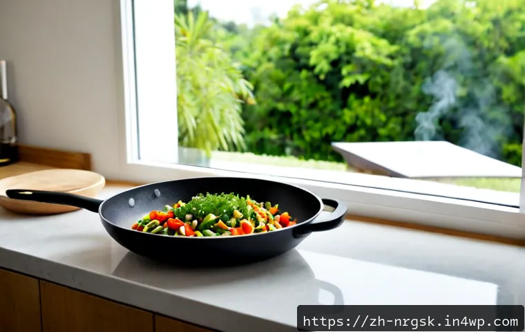 여름철 에너지 효율적인 조리법 - Photorealistic summer kitchen scene, a home cook preparing vegetables in a covered skillet on a mode...