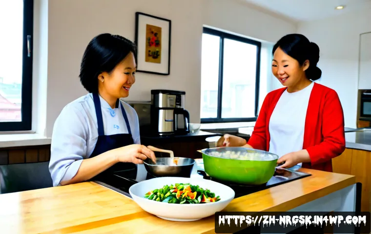 에너지 세이빙을 위한 조리법 커뮤니티 만들기 - Photorealistic community cooking workshop in a bright modern Chinese apartment kitchen, three adult ...